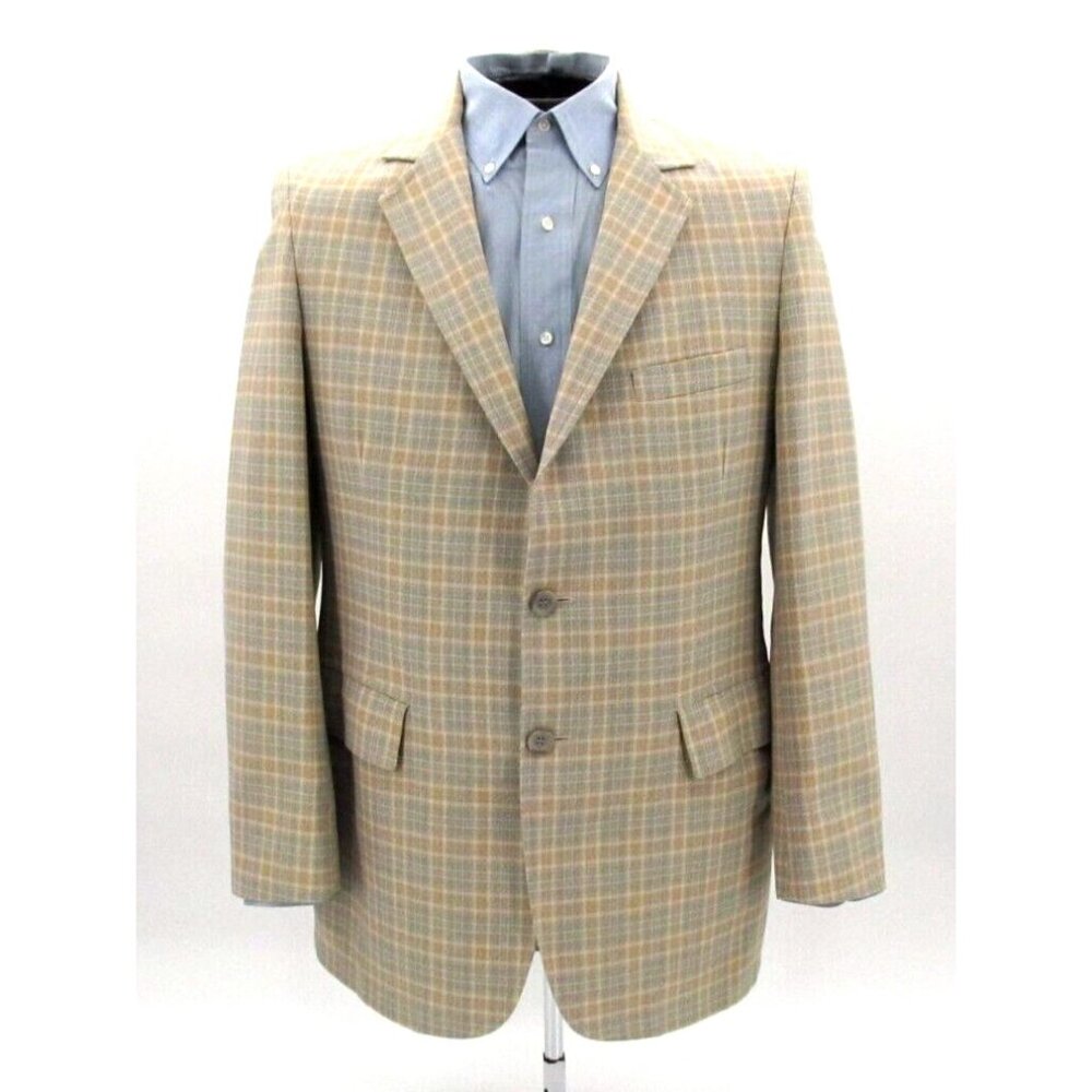 Vintage 70s Ballymoor Sport Coat Mens 39R Beige Blue Plaid Blazer Wool Blend USA
